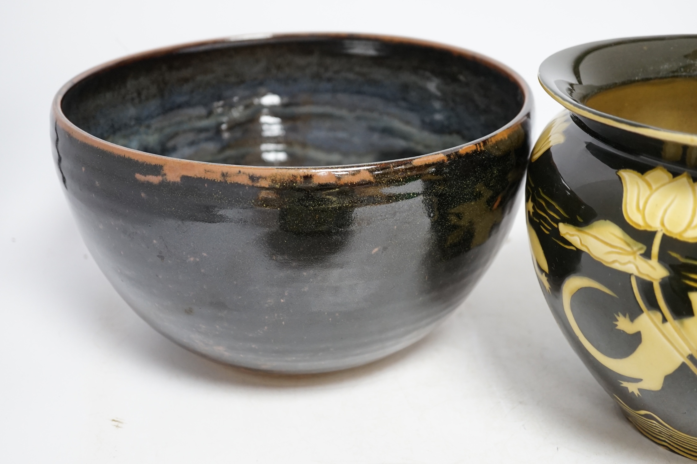 A large Winchcombe pottery bowl by Neil Alcock, a ‘lizard’ jardiniere and a lustre glazed small jardiniere, tallest 19cm., Condition - two fair, smallest example poor